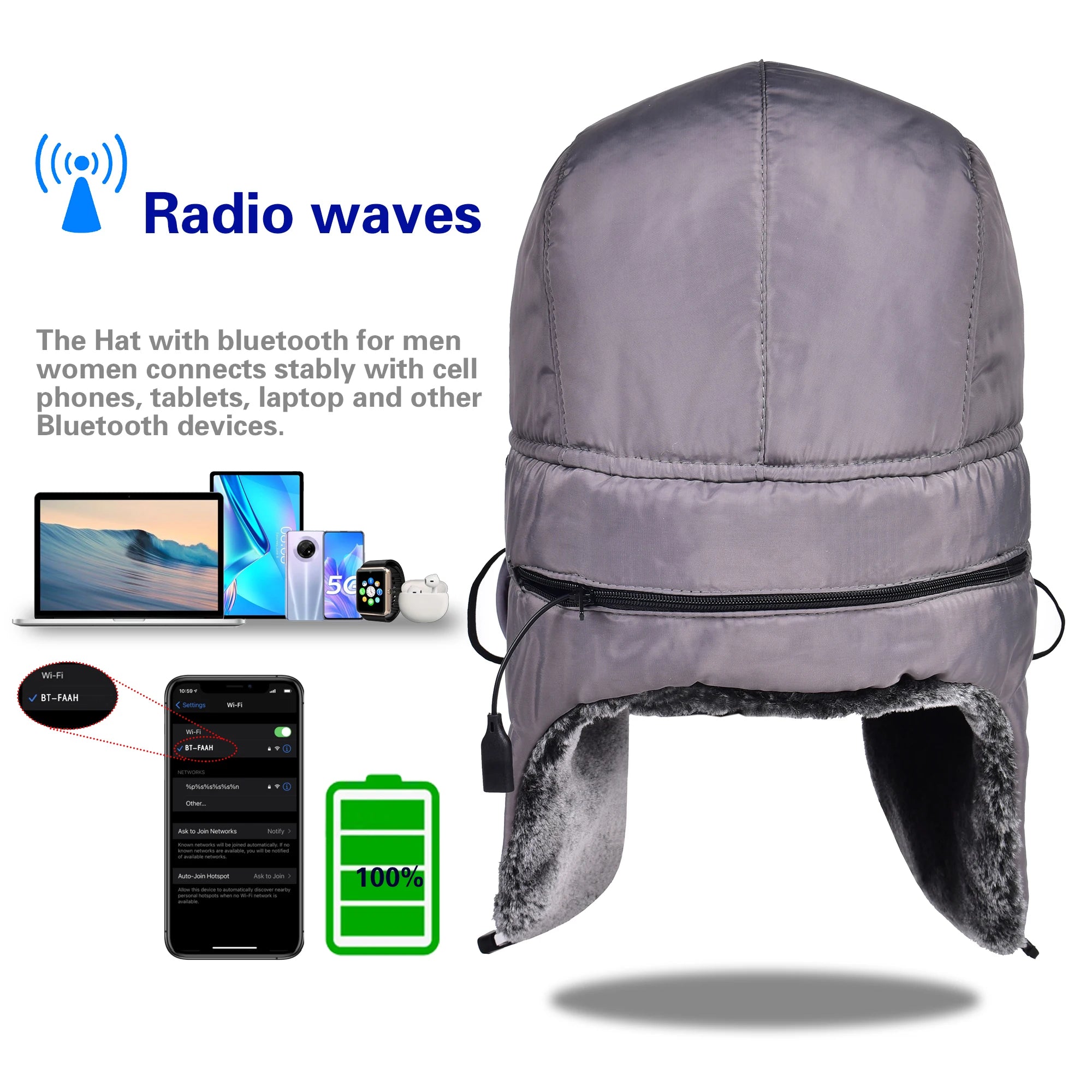 Winter Waterproof Wireless Hat with Bluetooth Headphones