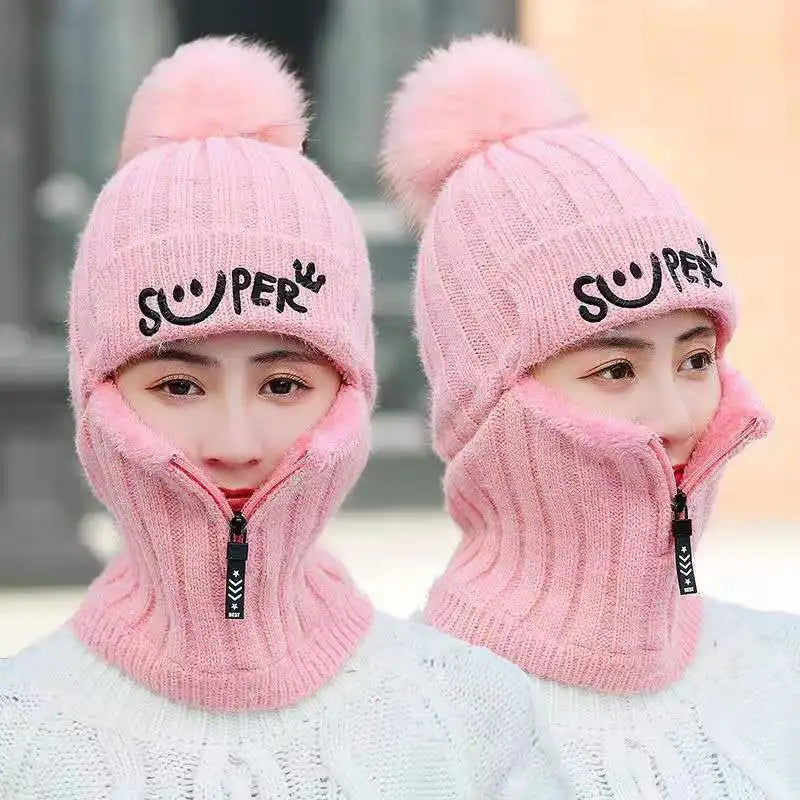 Coral Fleece Winter Women Earflaps Knitted Hats Women Zipper Scarf Keep Face Thick Warmer Balaclava Pompoms Caps