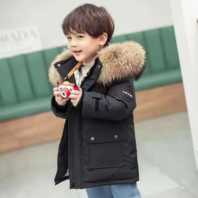 Warm Parkas Coat Boys Girls Fur Collar Hooded Cotton Clothes Outerwear