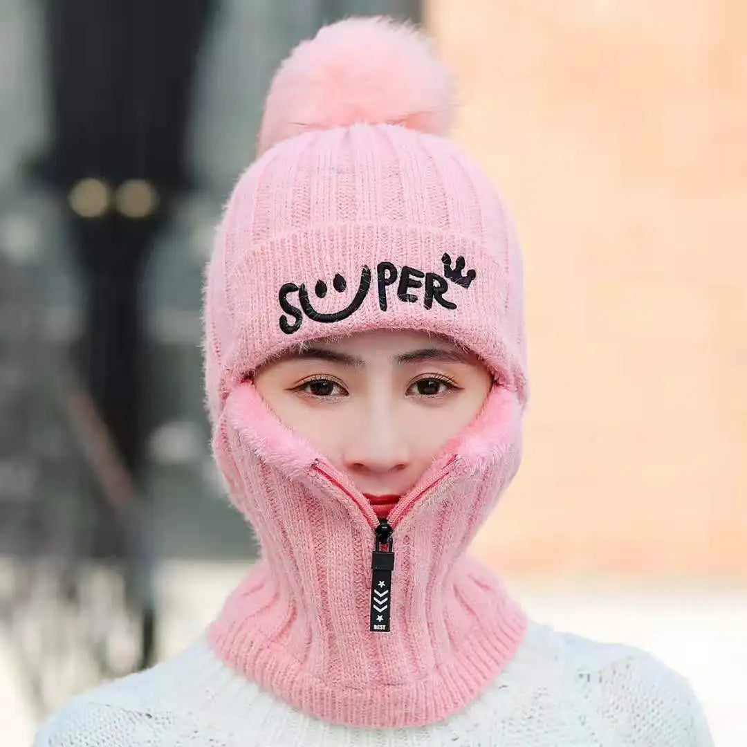 Coral Fleece Winter Women Earflaps Knitted Hats Women Zipper Scarf Keep Face Thick Warmer Balaclava Pompoms Caps