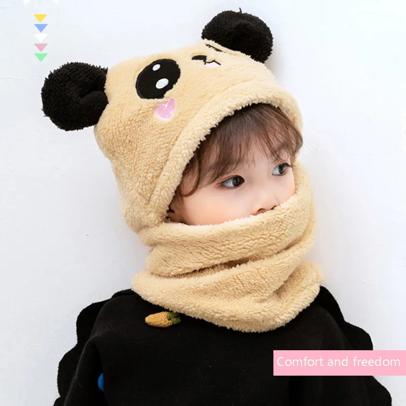 Winter Kids Plus Fleece Beanie Hats Cartoon Bear Thick Warm