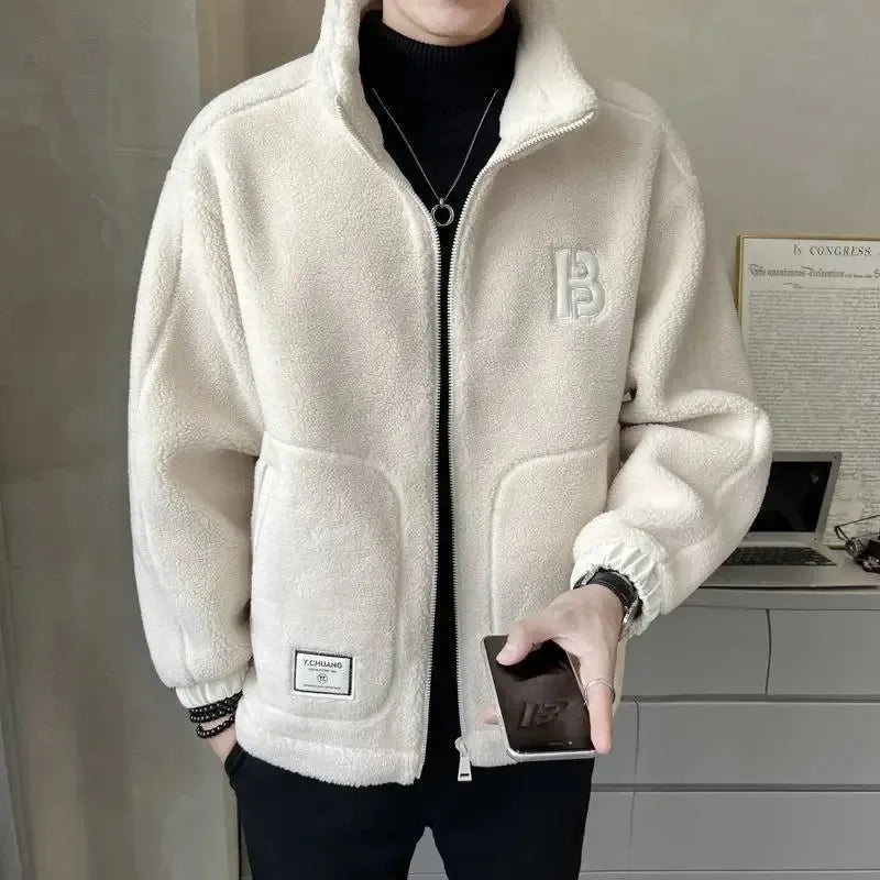 Korean Fashion New Lamb Fleece Jacket Men Autumn Winter