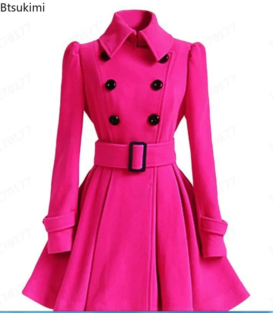 Overcoat Jacket Warm A-line Loose Hem Tight Waist Woolen Blends with Belt