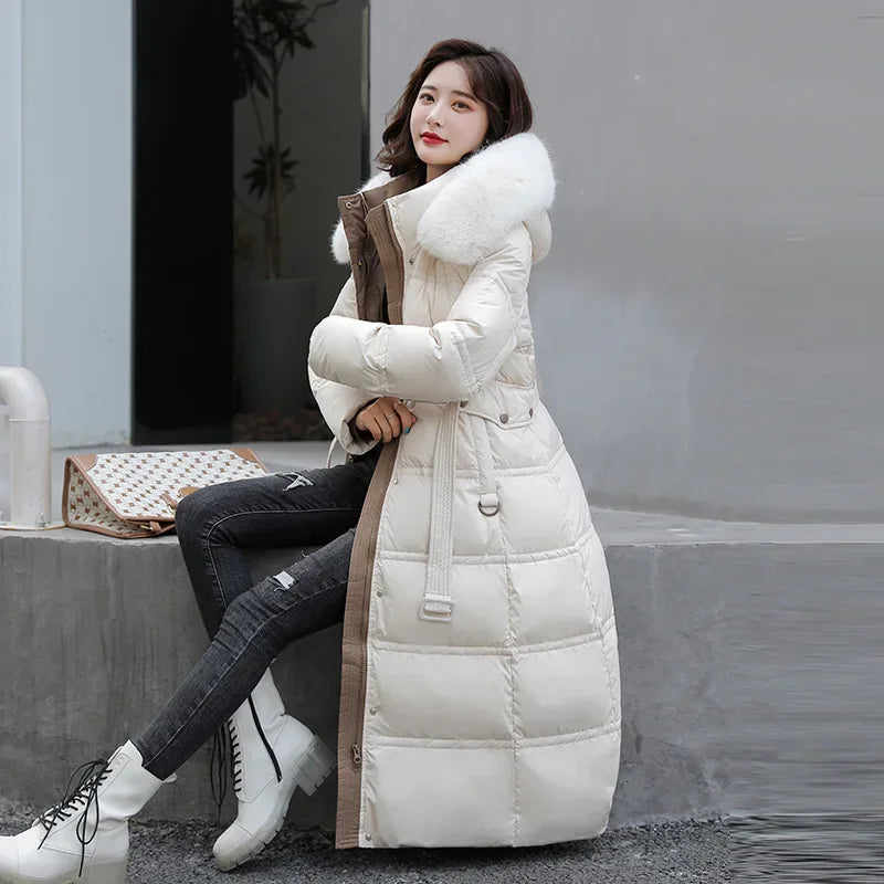 Women Parkas Hooded Belt Slim Fit Long Coats