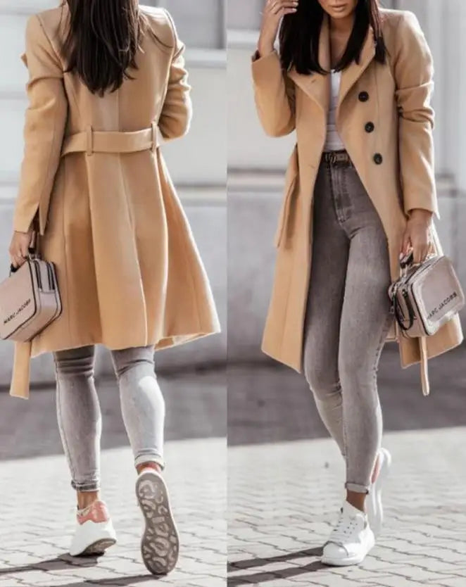 Casual Button Front Longline Coat With Belt