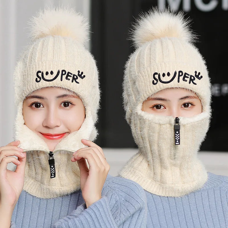 Coral Fleece Winter Women Earflaps Knitted Hats Women Zipper Scarf Keep Face Thick Warmer Balaclava Pompoms Caps