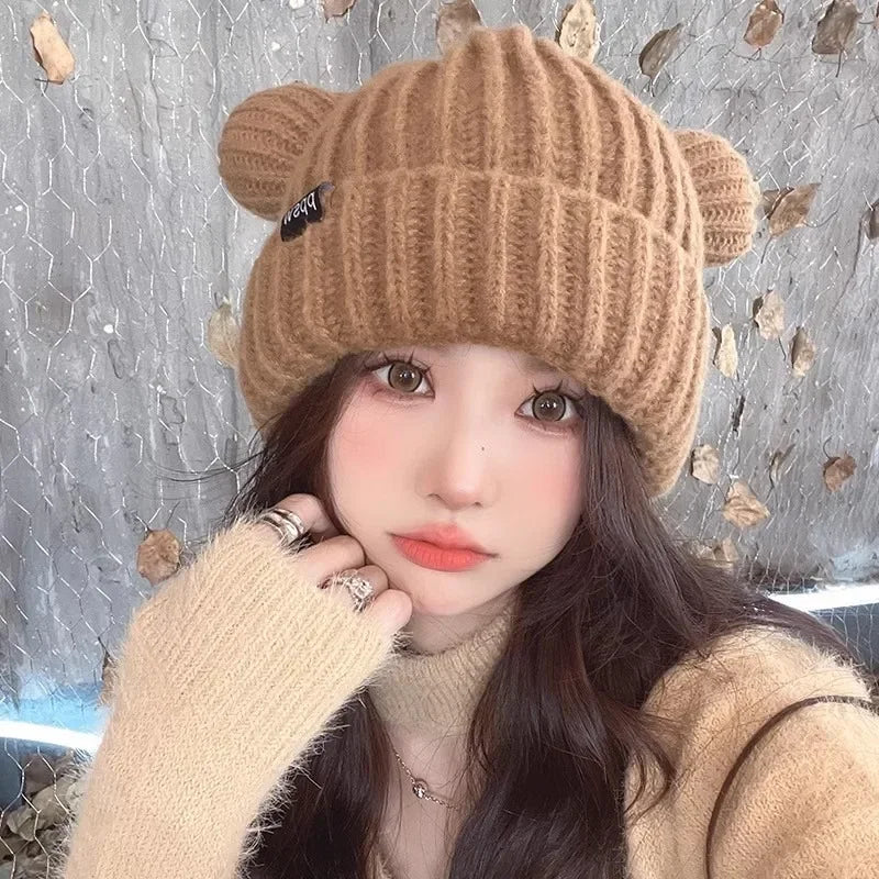 Cute Bear Ears Knitted Wool Beanie Hat for Lady Girl Winter Soft Thick