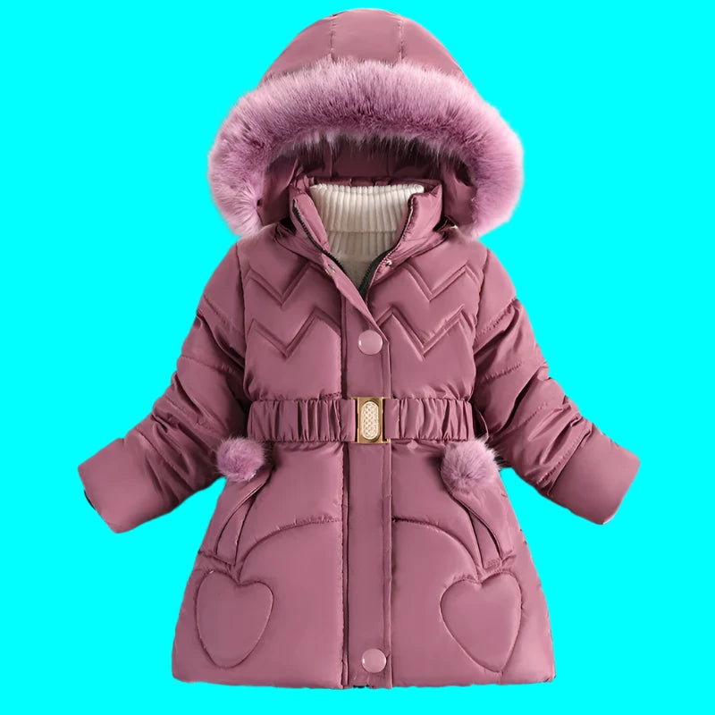 Girls Jacket Detachable Hat Plush Collar Hooded Padded Lining