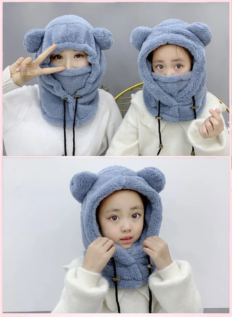 Winter Cute Cartoon Plush Bear Ears Children's Hat Balaclava Warm Hooded Hat Ear Protection Cap Windproof Thick Warm Neck Cover