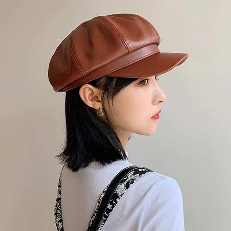 Women Men PU Leather Berets Winter Warm Octagonal Hats  Caps