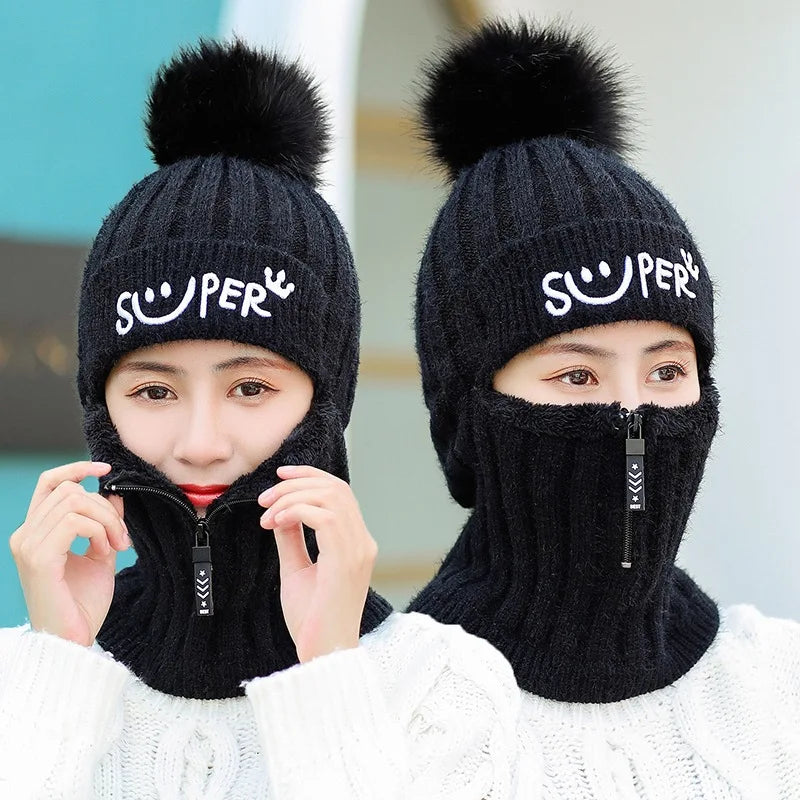 Coral Fleece Winter Women Earflaps Knitted Hats Women Zipper Scarf Keep Face Thick Warmer Balaclava Pompoms Caps