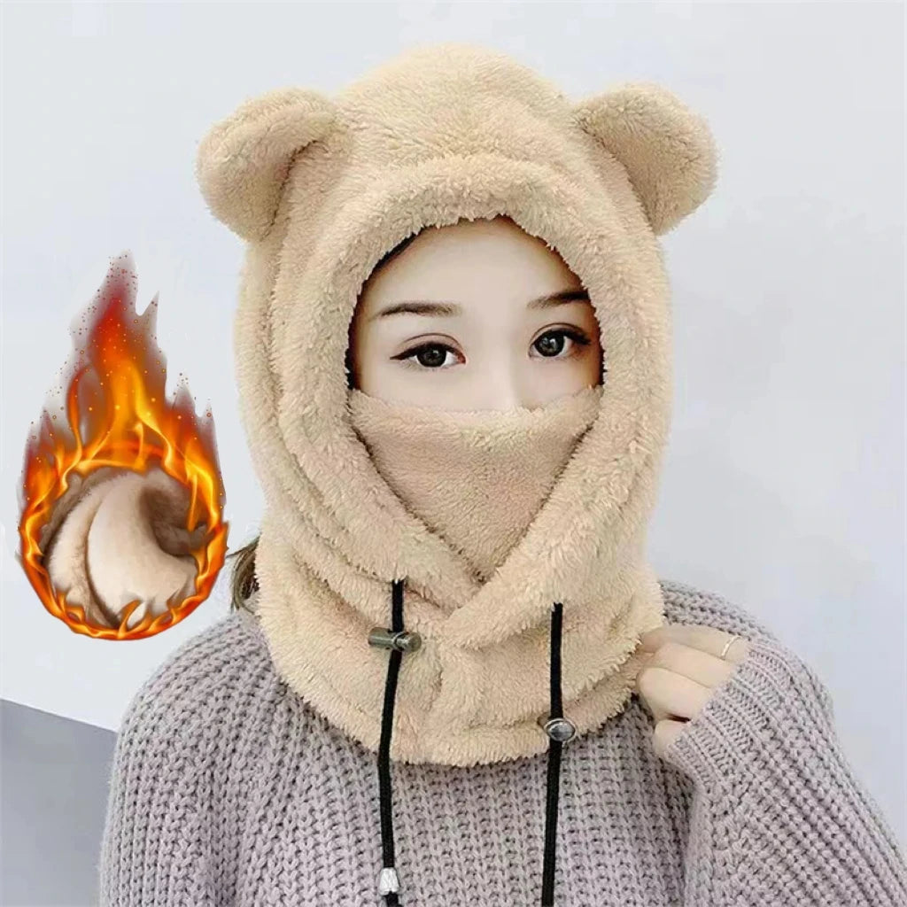 Winter Cute Cartoon Plush Bear Ears Children's Hat Balaclava Warm Hooded Hat Ear Protection Cap Windproof Thick Warm Neck Cover