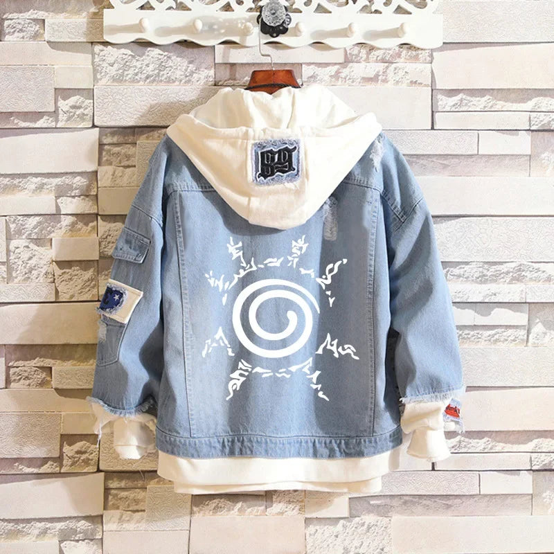 Anime Naruto Denim Bomber Jacket Sasuke Hooded Jeans Sweatshirt