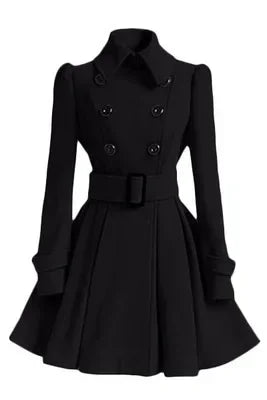 Overcoat Jacket Warm A-line Loose Hem Tight Waist Woolen Blends with Belt