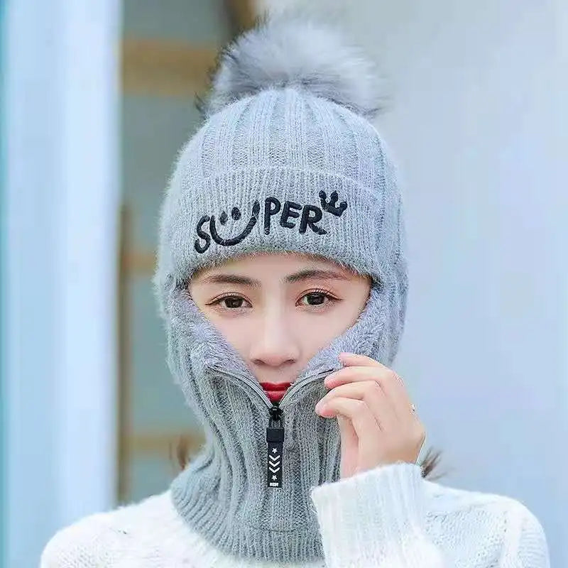 Coral Fleece Winter Women Earflaps Knitted Hats Women Zipper Scarf Keep Face Thick Warmer Balaclava Pompoms Caps