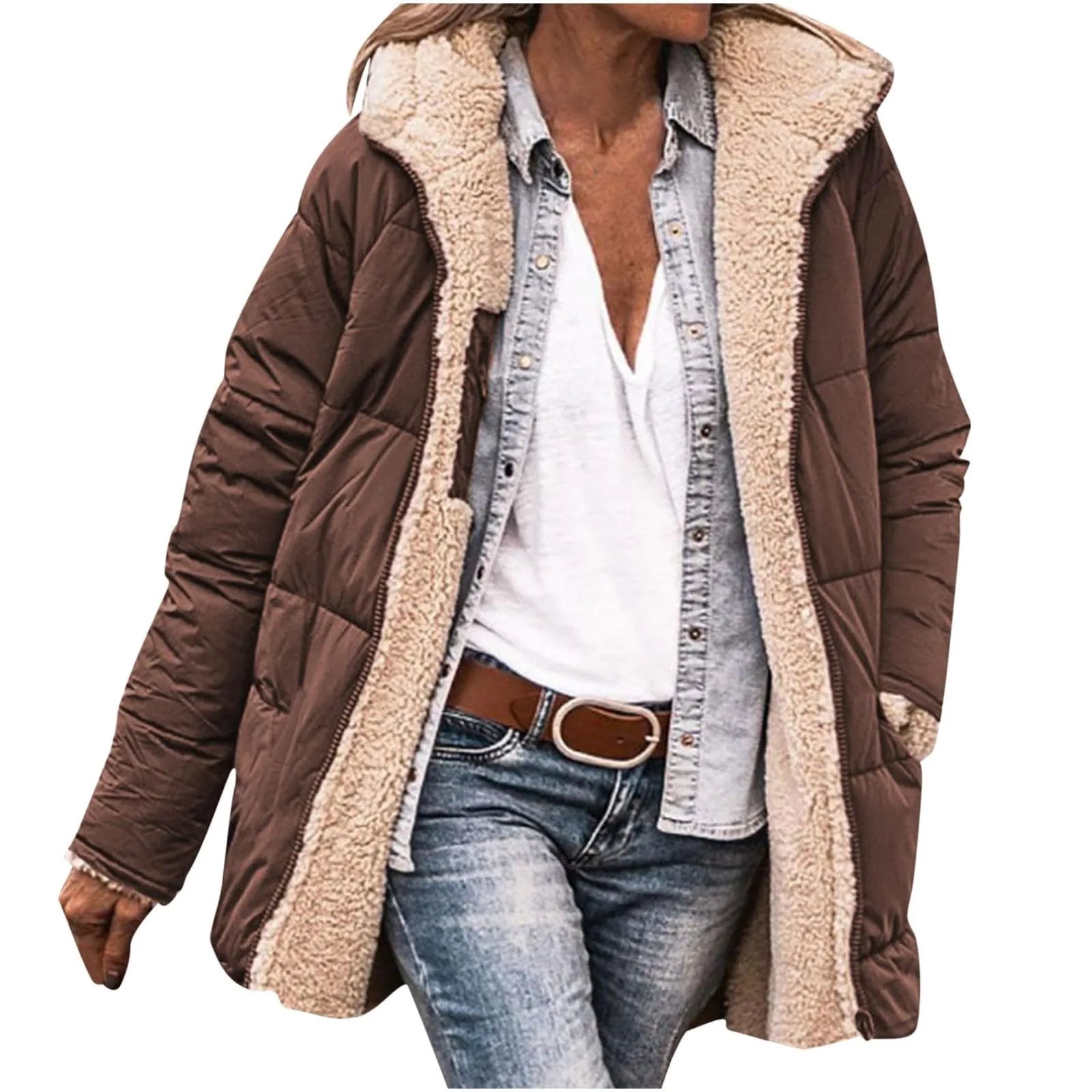 2024 New Winter Women Cotton Jacket Fleece Casual Slim Coat Hooded Parkas