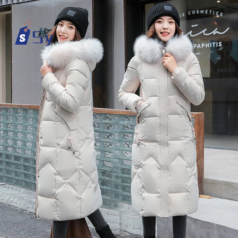 Long Winter Down Coat Thick Warm Hooded Cotton Padded Jacket Zipper Coat