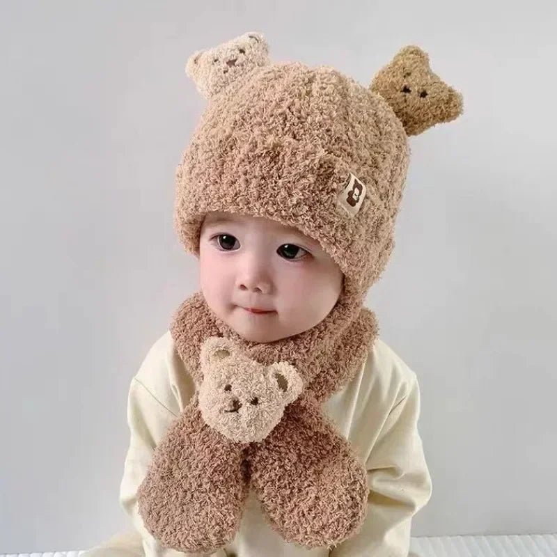 Baby and Child Super Cute Hat Winter Male and Female Baby Bear Hat Scarf