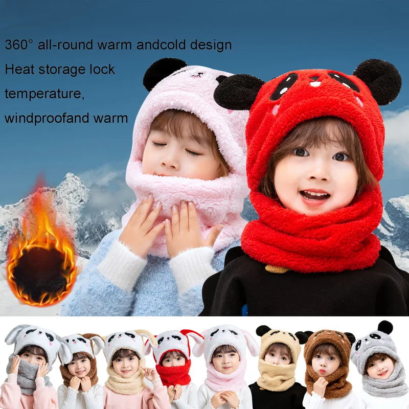 Winter Kids Plus Fleece Beanie Hats Cartoon Bear Thick Warm