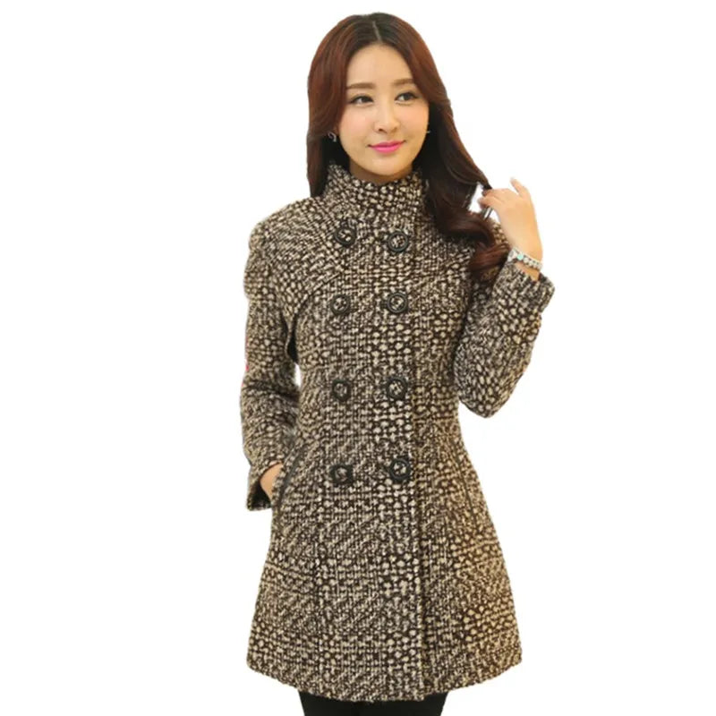 Elegant Turtleneck Plaid Slim Long Tweed Woolen