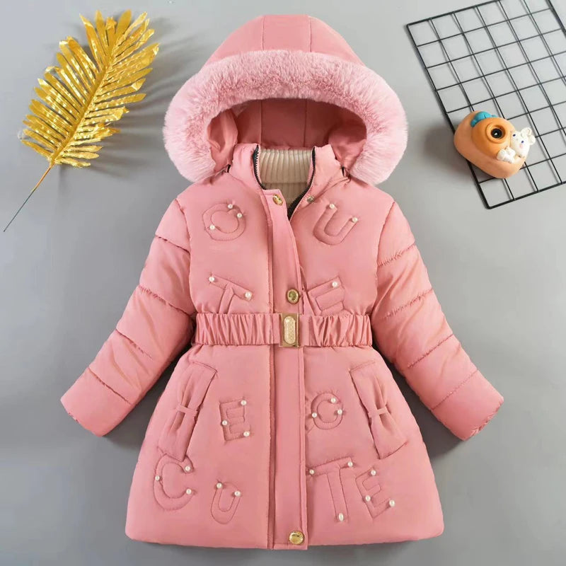 Long Hooded Coats For Girls Thick Warm Down Cotton Snowsuit