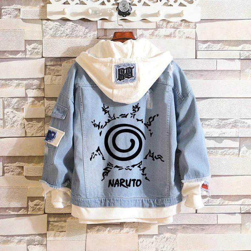 Anime Naruto Denim Bomber Jacket Sasuke Hooded Jeans Sweatshirt