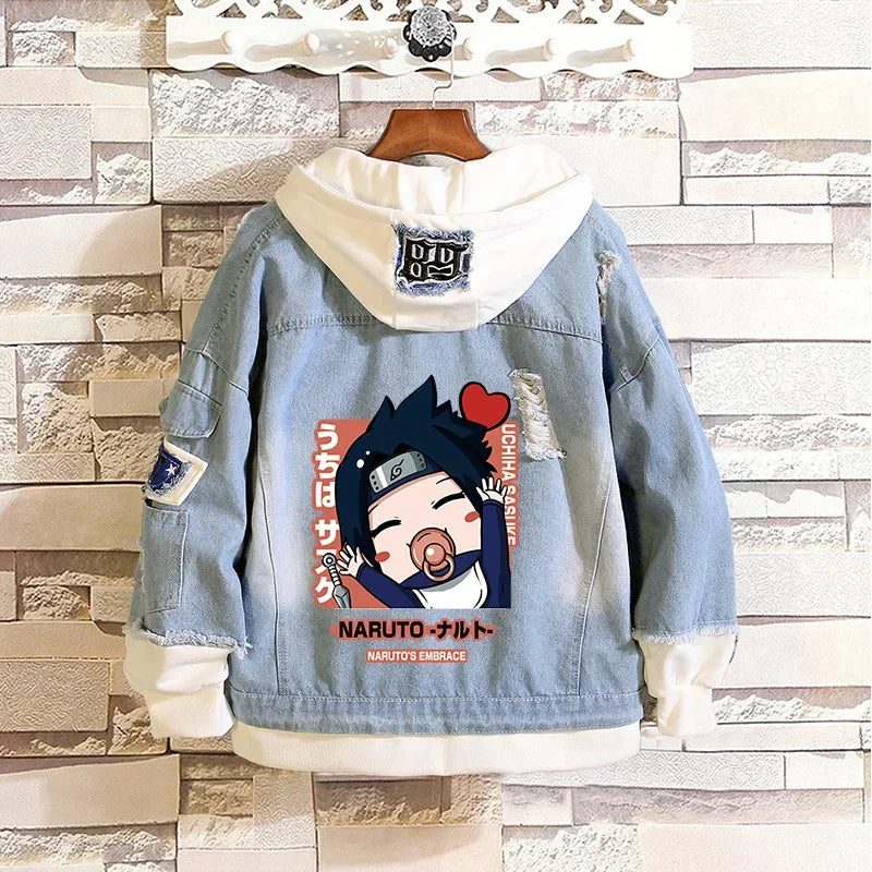 Anime Naruto Denim Bomber Jacket Sasuke Hooded Jeans Sweatshirt