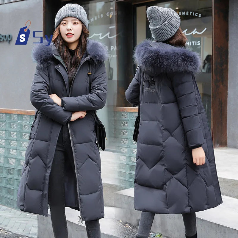 Long Winter Down Coat Thick Warm Hooded Cotton Padded Jacket Zipper Coat