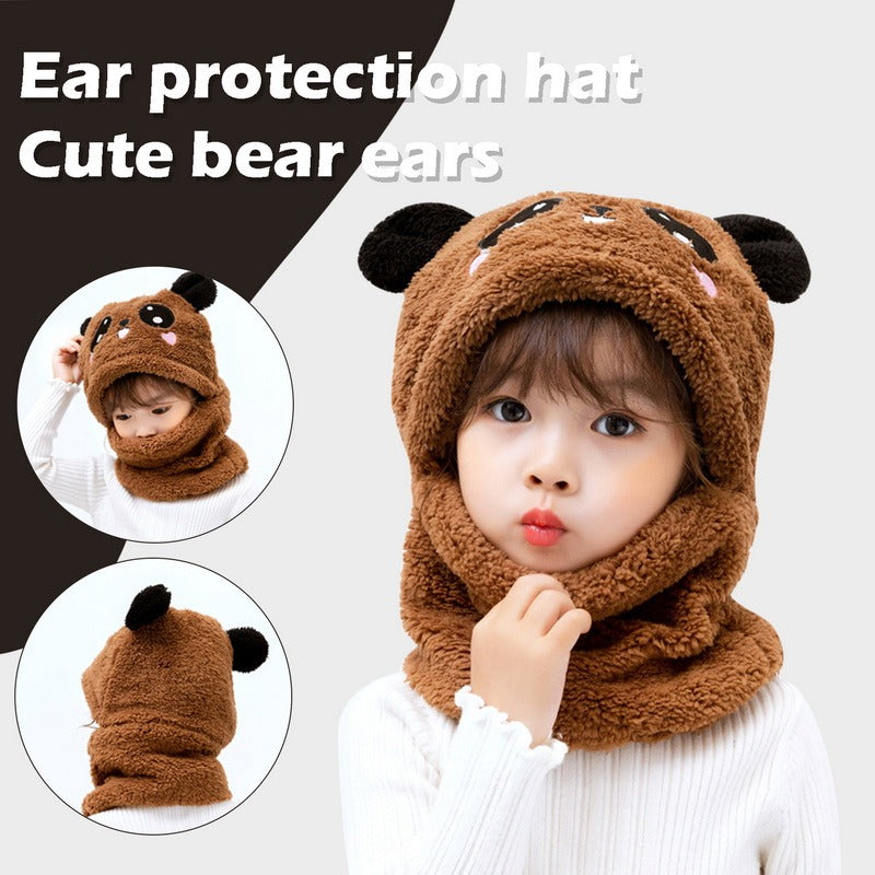 Winter Kids Plus Fleece Beanie Hats Cartoon Bear Thick Warm